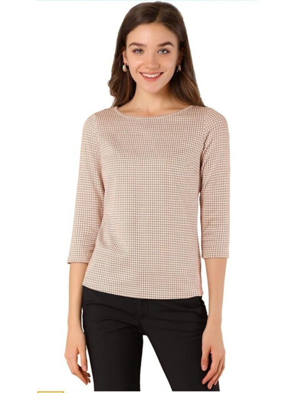 Allegra K Women's M Brown 3/4 Sleeve Boat Neck Houndstooth Blouse Knot Soft NWT